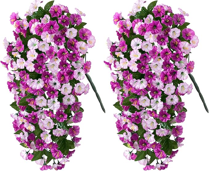 HyeFlora Artificial Fake Hanging Flowers Plants for Outdoor Outside, 2PCS Faux Silk Morning Glory Trailing Vines UV Resistant Look Real for Home Planter Porch Patio (Light Fuchsia+Fuchsia)