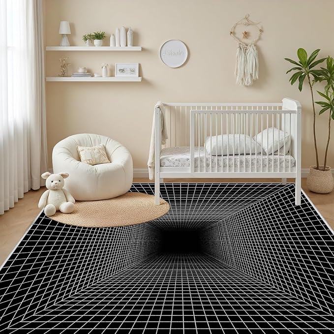 Optical Illusion Rug - Washable Rugs 3x4, Abstract Geometric Lines Soft Neutral Indoor Floor Mats Plaid Carpet, Non-Slip Stain Resistant Modern Black Rug for Bedroom, Living Room Rugs