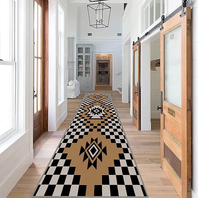 Western Aztec Long Hallway Rug Runners, 2x6ft, Modern Brown Diamond Check Area Carpet for Living Room, Easy Clean Fade Resistant Durable Foldable Pet Friendly Rugs for Front Door