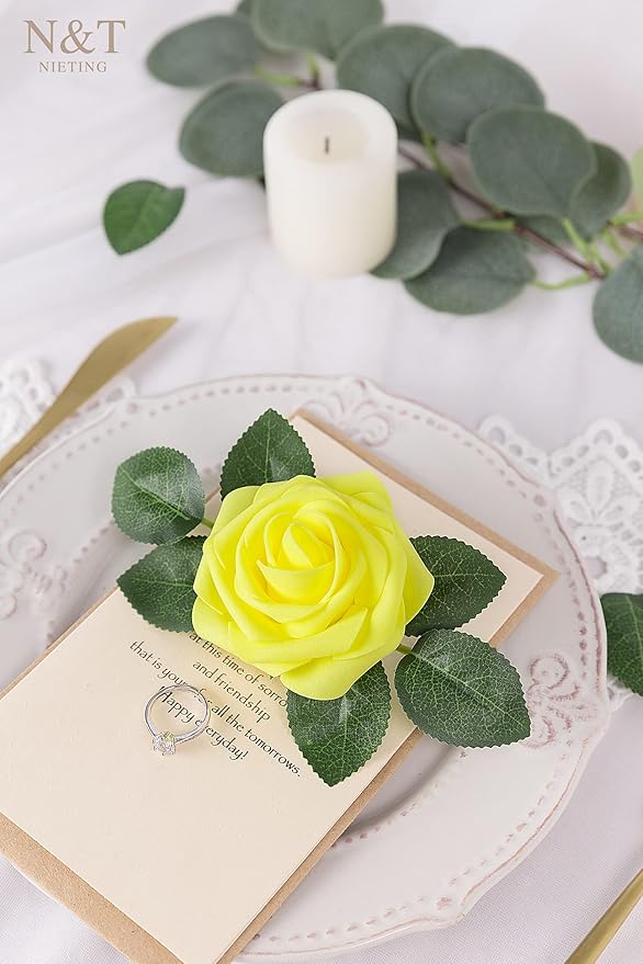 N&T NIETING Artificial Flowers, 25Pcs Fake Flowers Roses Perfect for DIY Wedding Bouquets Centerpieces Bridal Shower Party Home Flower Arrangement Easter Flower Decorations, Yellow