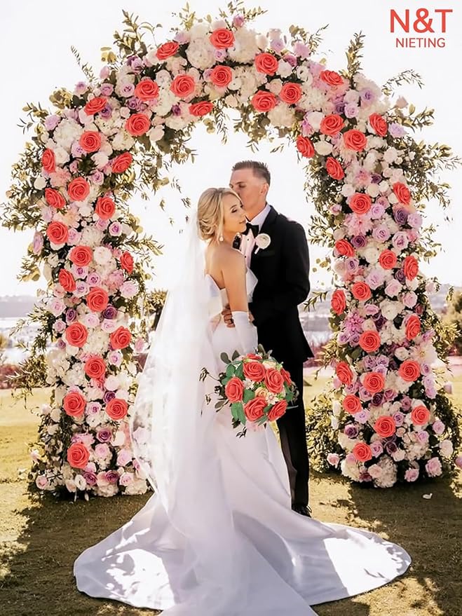 N&T NIETING Artificial Flowers 25pcs Real Looking Coral Foam Fake Roses with Stems for DIY Wedding Bouquets Bridal Shower Centerpieces Floral Arrangements Party Tables Home Decorations