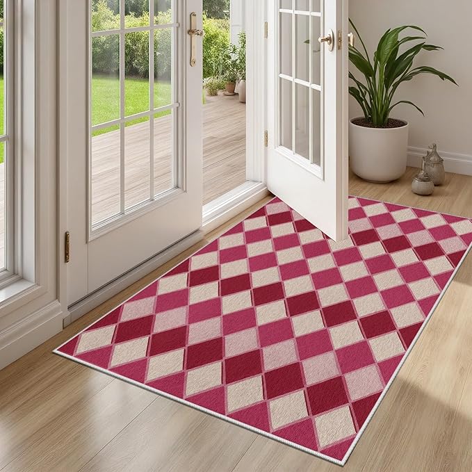 Plaid Rug, Soft Ultra Soft Faux Wool Rhombus Geometric Rugs, Indoor Floor Mats Carpet, Non Slip&Non-Shedding Low Pile Washable Rugs, Modern Red 2x3 Area Rug for Bedroom Home Decor