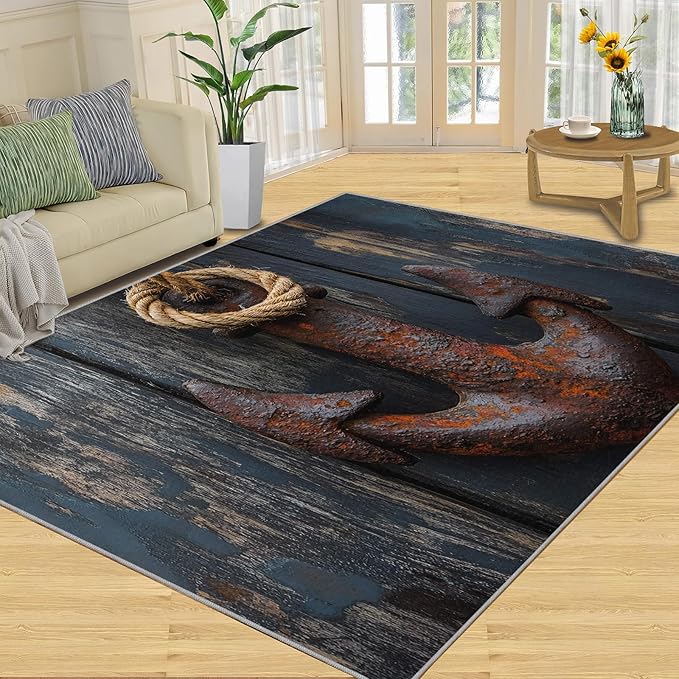 Nautical Anchor 3x5 Area Rugs,Distressed Wood Bedroom Rug Nautical Style Non-Slip Washable Rug for Living Room Nursery Kitchen Low-Pile Carpet