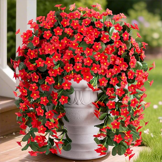 HyeFlora Artificial Fake Hanging Plants Flowers for Outdoor Outside Winter Christmas Decoration, 2 PCS Faux Silk Daisy Mums Red Orchid Vines UV Resistant Realistic for Home Indoor Porch Patio Balcony