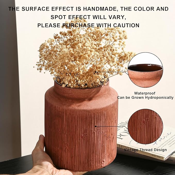 Farmhouse Vase for Home Decor, Vintage Rustic Terracotta Flower Vase Suitable for Home Decor, Living Room, Shelf, Dining Table. Rust Red 7IN.
