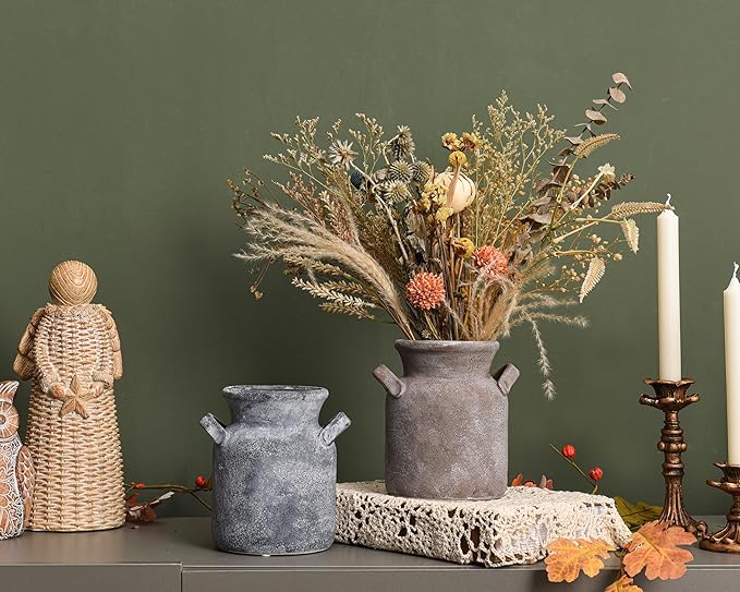 Quoowiit Ceramic Rustic Farmhouse Vase, Distressed Decorative Flower Vases for Home Decor, Ideal Shelf Decor, Boho Vase for Living Room Bedroom Kitchen Office Centerpiece Table Decorations