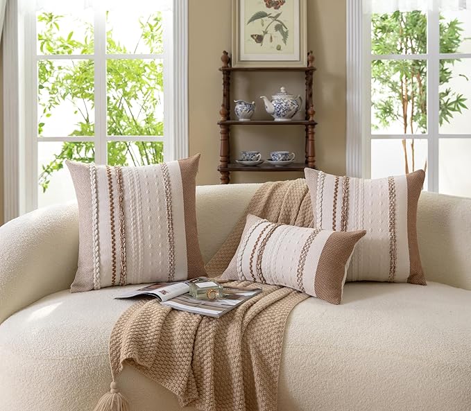 Boho Throw Pillow Covers 18x18 Inch Set of 2, Brown Textured Decorative Couch Pillow Cases for Farmhouse Home Decor, Accent Cushion Cover for Sofa, Bed, Living Room, Bedroom