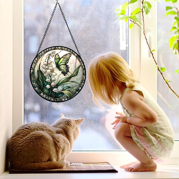 Stained Glass Window Hanging, Lily of The Valley Flower Butterfly Suncatcher for Doors Home Sun Catchers Decoration and Christmas, Mother's Day Birthday Gifts for Women, Men, Mom 7.8 in