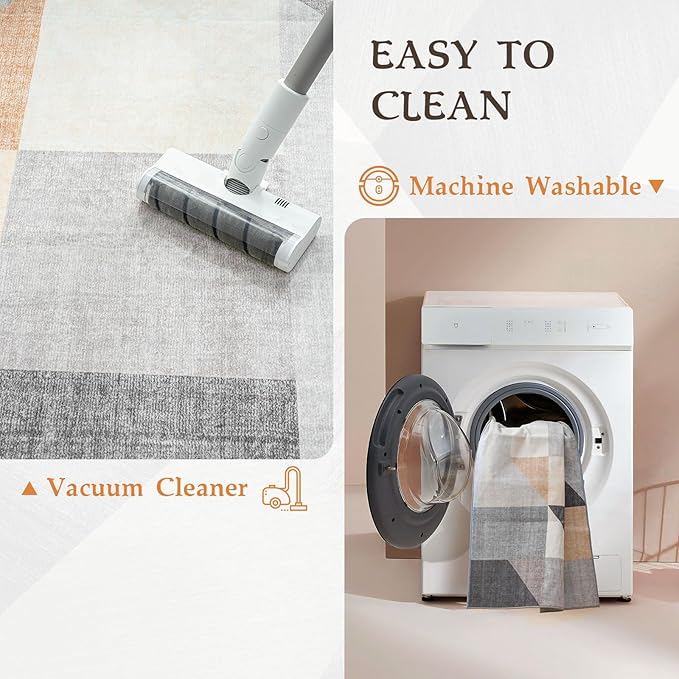 HOMFINE Washable Modern Area Rug - Geometric Style 9x12 Rugs for Living Room, Bedroom, Machine Washable Rug Soft Non Slip Non Shedding Area Rug - Grey Brown, 9'x12'