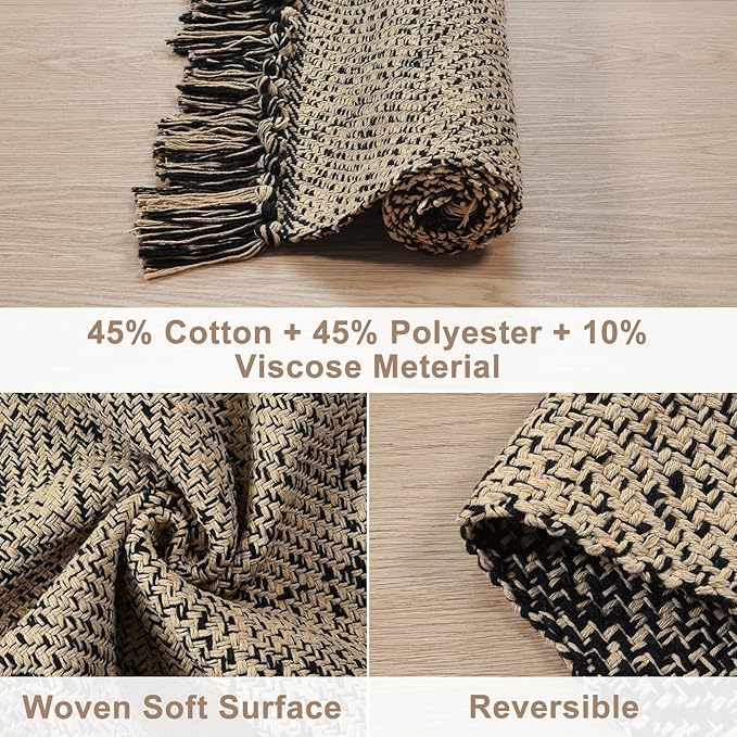 Collive Washable Area Rug 3x5, Modern Woven Kitchen Rugs for Entryway, Natural/Black Braided Cotton Small Outdoor Rug Indoor Door Mat Throw Carpet for Living Room Nursery Mudroom Laundry Room Bedroom