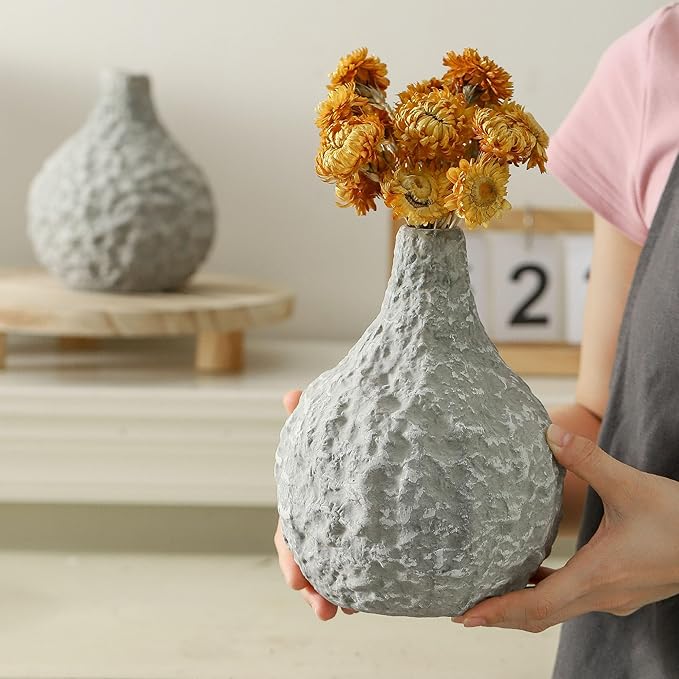 Stone Vases，Ceramic Bud Vase Set of 2,Minimalist Vases for Pampas Grass,Modern Vase for Wabi Sabi Home Decor, Shelf Decoration，Fireplace Decor,Coffee Table Decor
