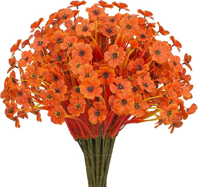 Outdoor Artificial Flowers 21 UV Resistant Bundles Fake Flower Plastic Plants Faux Silk Flowers Porch Hanging Garden Porch Window Box Decorating (Deep Autumn Orange)