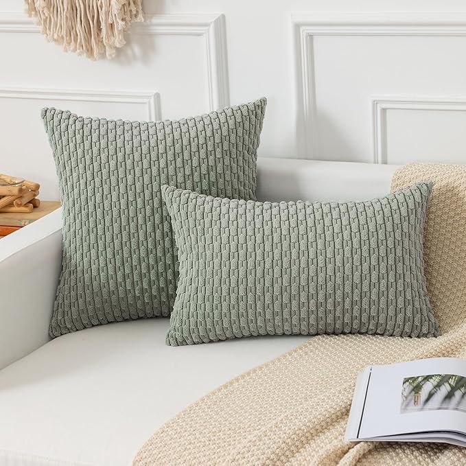Kevin Textile Throw Pillow Covers Soft Corduroy Decorative Set of 2 Boho Striped Pillow Covers Pillowcases Farmhouse Home Decor for Couch Bed Sofa Living Room 18x18 Inch Greyish Green