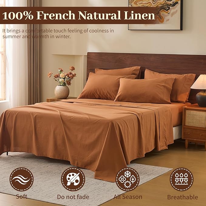 MEISHANG 100% French Pure Linen Sheets King Size - Bed Sheets 4 Piece Sets, Soft Durable Flax Linen, Anti-Tear Breathable Oeko-Tex Certified with 16" Deep Pocket (Brown)