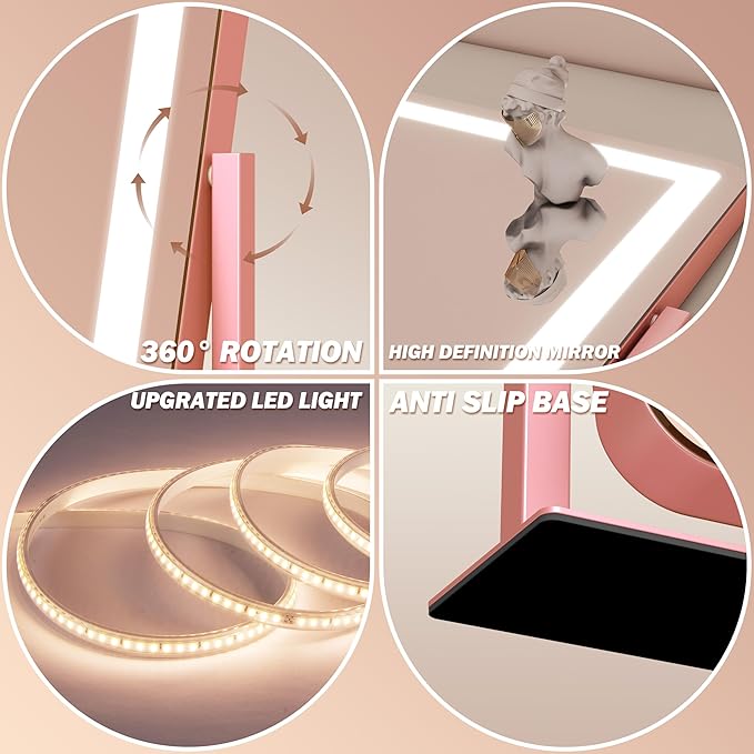 FENNIO Vanity Mirror with Lights 22''x17'' Makeup Mirror,Vanity Mirror Touch Screen with 3-Color Lighting,Dimmable,for Vanity Desk Tabletop（Pink）
