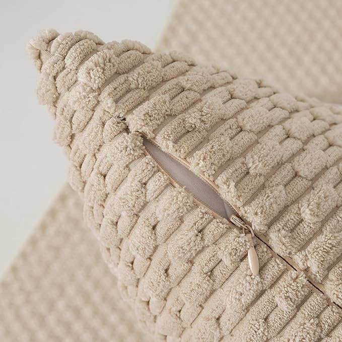 Kevin Textile Throw Pillow Covers Soft Corduroy Decorative Set of 2 Boho Striped Pillow Covers Pillowcases Farmhouse Home Decor for Couch Bed Sofa Living Room 18x18 Inch Beige