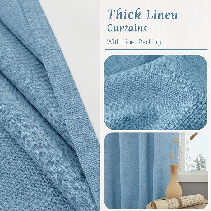 LAMIT Blue 100% Blackout Linen Curtains, 84 Inch Linen Textured Living Room Farmhouse Curtains Room Darkening Back Tab and Rod Pocket Burlap Neutral Panels with White Liner, 2 Panels, 52 x 84 Inch