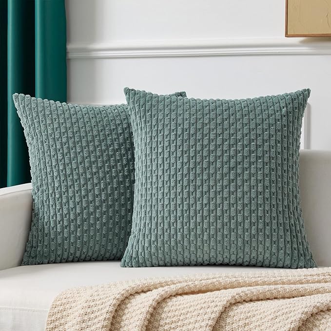 Kevin Textile Decorative Pillow Covers Set of 2 Striped Plush Corduroy Pillows Pillowcases Boho Home Decor Cushion Covers for Couch Sofa Bed Living Room 20x20 Inch, Teal Green