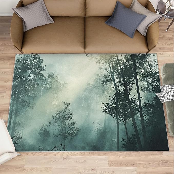 Forest Rug for Living Room, Misty Forest 6x9 Area Rug Natural Landscape Rug for Bedroom Non-Slip Indoor Floor Carpet, Low Pile Resistant Carpet for Dining Room, Office, Home Decor