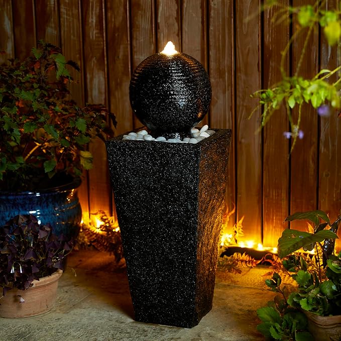 Glitzhome Outdoor Water Fountain with LED Light, Decorative Black Pedestal Water Fountains with Submersible Pump, Modern Sphere Floor Fountain with Pebbles for Garden Patio Decor Porch, 31.75”H