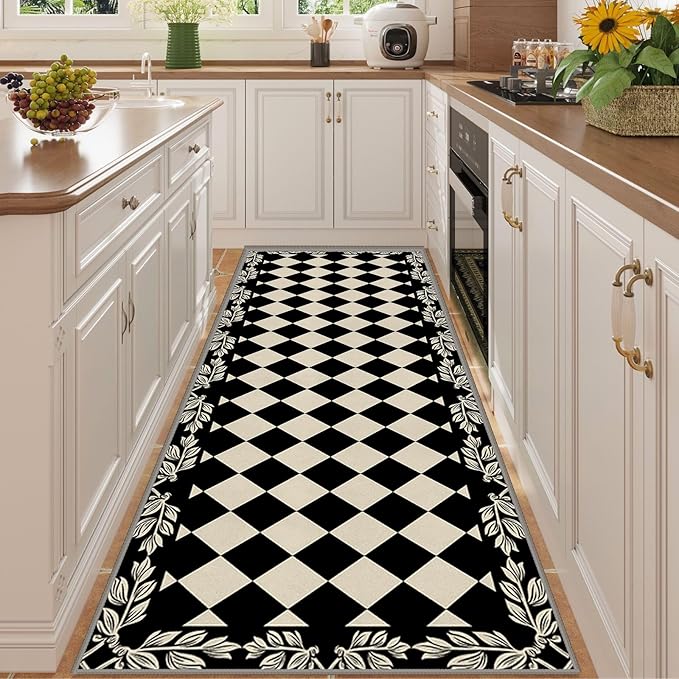 Modern Black White Checkered Pattern Runner Rug, 2x8ft, Abstract Neutral Farmhouse Decor Rugs for Living Room, Non-Shedding Low Pile Soft Foldable Carpet for Family Kitchen
