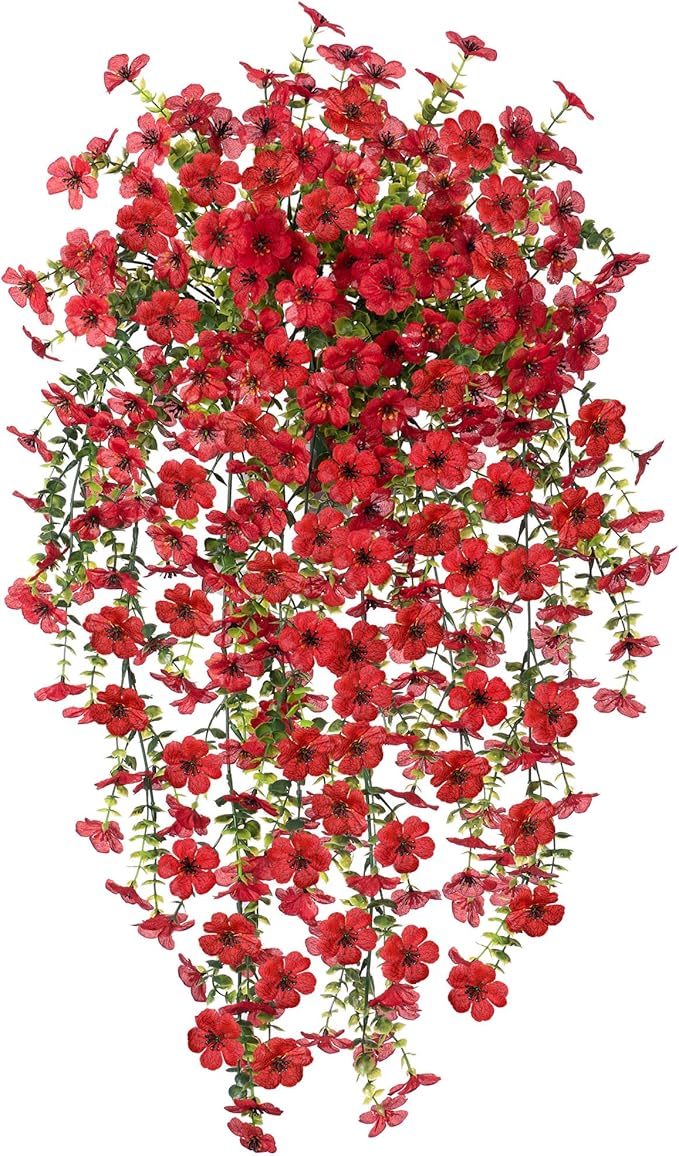 Artificial Hanging Flowers for Outdoors Faux Plants Decoration, 2 Packs Fake Silk Daisy Flower Realistic Outdoor Flowers UV Resistant Porch Patio Window Yard Outside Decor(Red)