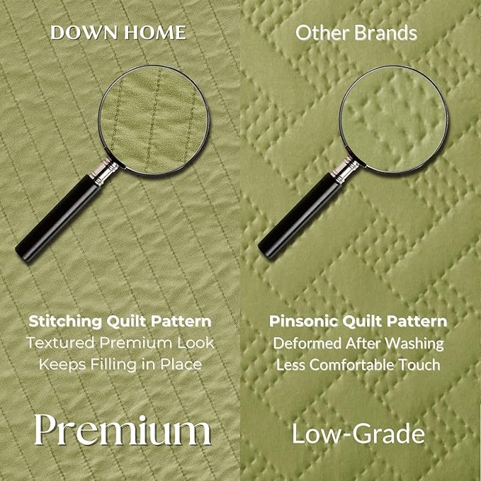 DOWN HOME Twin Quilt Bedding Set with Sham, Vintage Washed Soft Quilted Blanket Thin Comforter Lightweight Bedspread Coverlet Bed Cover, Brushed Microfiber Stripe Stitching, Golden Olive, 66"x92"