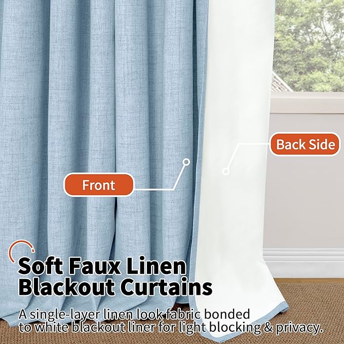 Baby Blue Linen Blackout Curtains for Nursery 63 Inch Length 2 Panels Set, Thermal Insulated Boho Total Black Out Noise Reducing Bonzer Grommets Window Curtains for Kids Bedroom, Each 52 Inch Wide