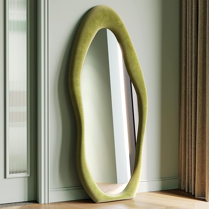 Honyee Full Length Mirror, 63" x 24" Wall Mirror, Flannel Wrapped Wooden Frame Floor Mirror, Irregular Wavy Mirror Hanging or Leaning Against Wall for Cloakroom/Bedroom/Living Room, Green