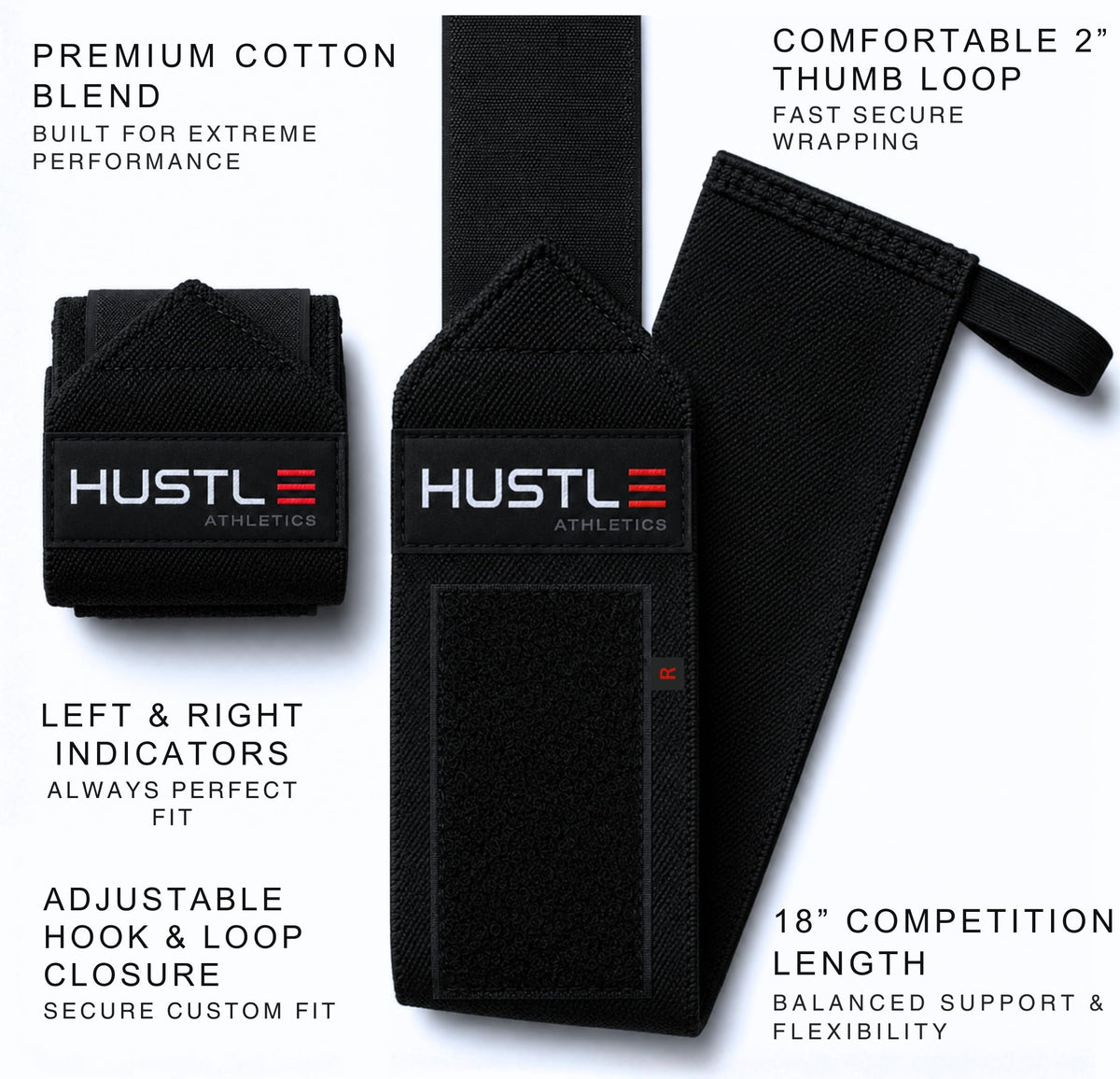 Hustle Athletics Wrist Wraps for Weightlifting - 18" & 12" Premium Wrist Support Weight Lifting Wraps to Lift Heavier & Train Harder - Heavy Duty Powerlifting & Bench Press Gym Straps for Men & Women