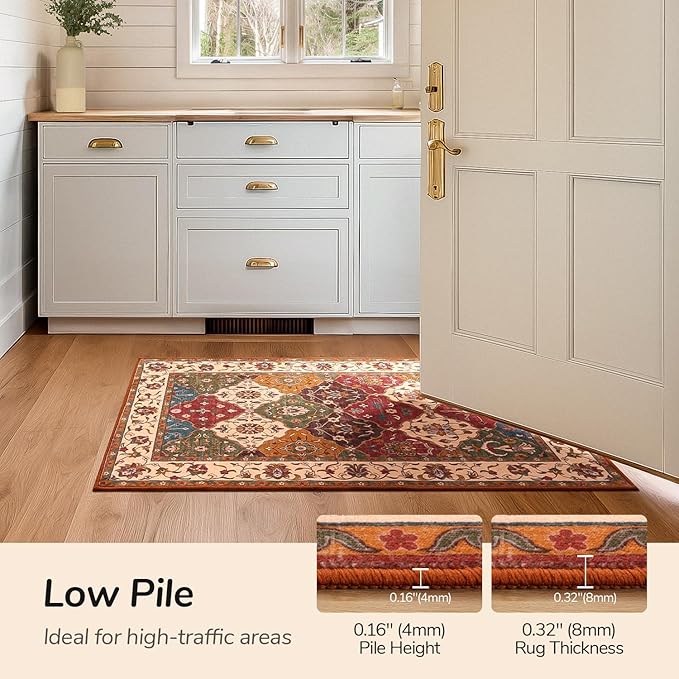Lessymo Washable Runner Rug 2.6x8, Moroccan Faux Wool Runner Rug Non Slip for Hallways Kitchen Entryway Laundry Room Bedroom Bathroom, Low Pile, Kid & Pet Friendly, Classic Red and Cream