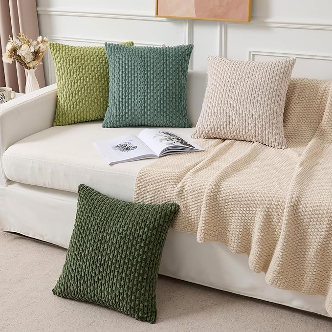 Kevin Textile Spring Decorative Pillow Covers Set of 2 Striped Plush Corduroy Rectangle Lumbars Boho Home Decor Cushion Covers for Couch Sofa Bed Living Room 12x20 Inch, Grass Green