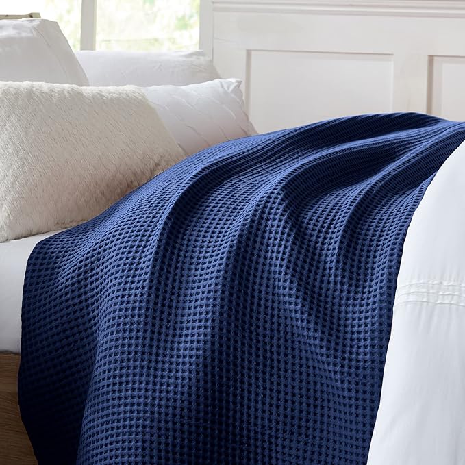 100% Cotton Waffle Weave Bed Blanket | Soft, Breathable, and Lightweight Blanket for All-Season | Perfect for Layering | Brielle Collection (Full/Queen, Navy)