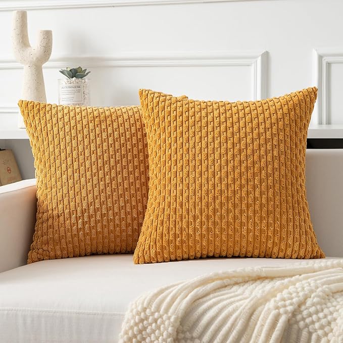 Kevin Textile Throw Pillow Covers Soft Corduroy Decorative Set of 2 Boho Striped Pillow Covers Pillowcases Farmhouse Home Decor for Couch Bed Sofa Living Room 20x20 Inch Golden Yellow