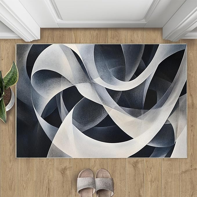 Abstract Lines Area Rug 5x7 Washable Rug Geometric Stripes Rugs for Living Room Minimalism Non Slip Carpet Floral Print Mat Bedroom Bathroom