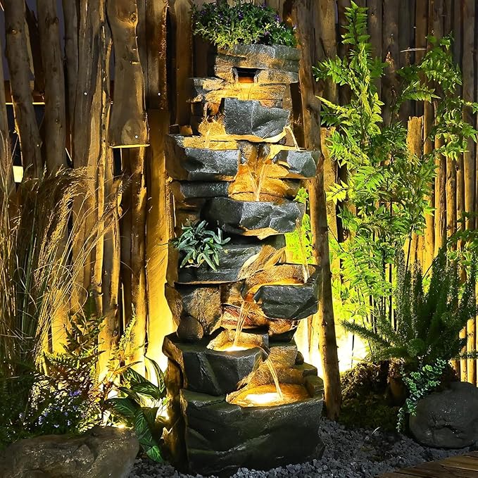 58" H Outdoor Water Fountain with 7 Tiers Large Cascading Realistic Rock Waterfall Fountains with LED Lights Outdoor Water Fountain for Garden Patio Backyard Porch Home Decor