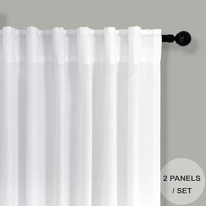 Pitalk White Linen Sheer Drape 104 Inch Curtains for Living Room Custom Curtains 2 Panels Set Back Tab Pleated Modern Farmhouse Light Filtering Ceiling to Floor for Large Window 52 x 104 Long Curtain