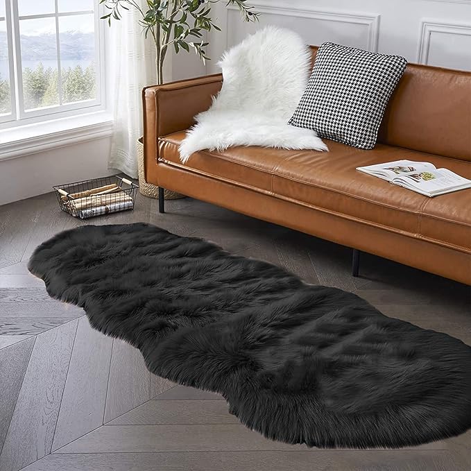 Latepis Black Runner Rugs 2x6 Faux Sheepskin Fur Rug for Bedroom Shag Shaggy Furry Rug for Living Room Dorm Soft Rugs Home Décor
