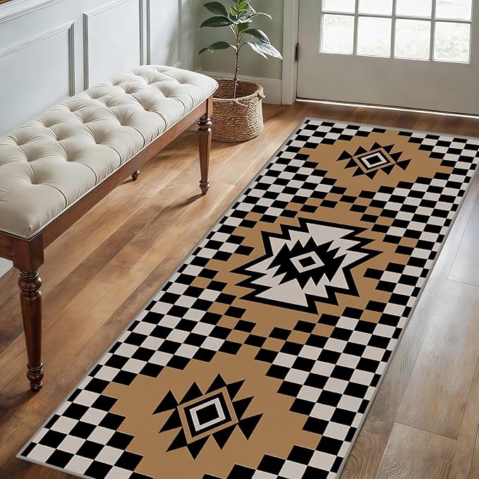Western Aztec Long Hallway Rug Runners, 4x10ft, Modern Brown Diamond Check Area Carpet for Living Room, Easy Clean Fade Resistant Durable Foldable Pet Friendly Rugs for Front Door