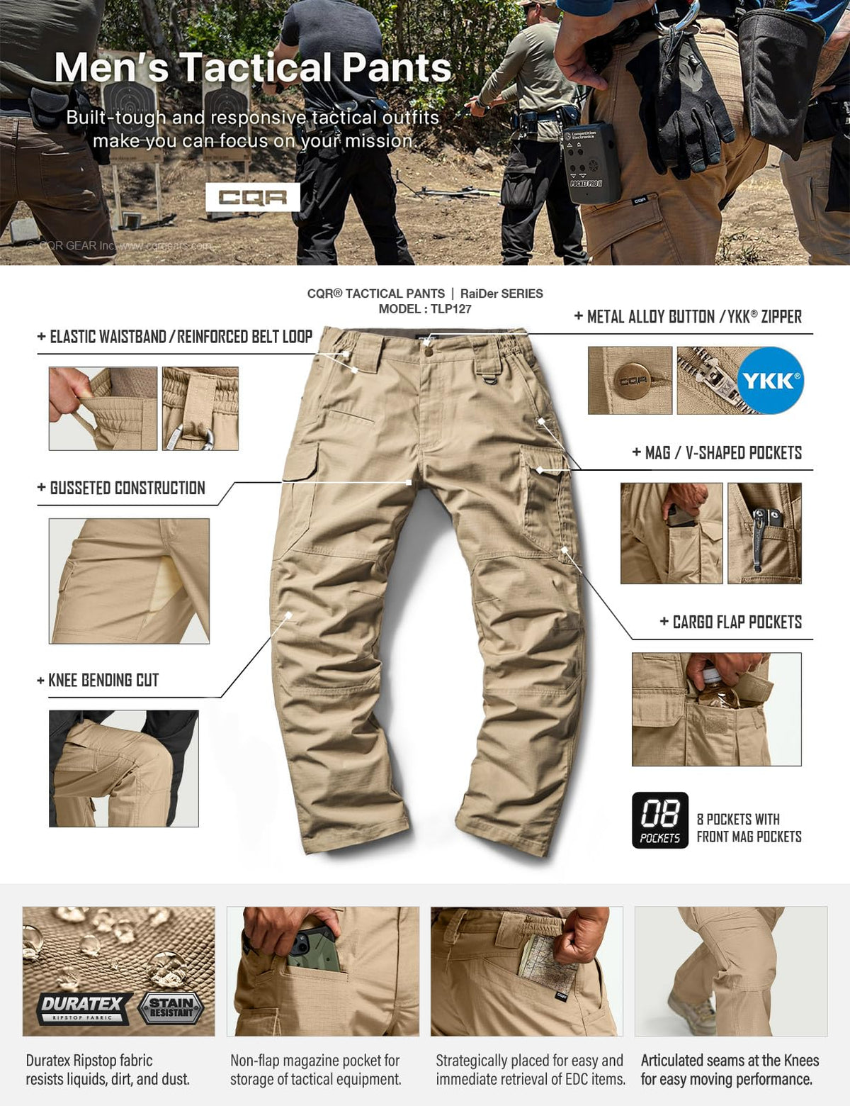 CQR Men's Tactical Pants, Water Resistant Ripstop Cargo Pants, Lightweight EDC Work Hiking Pants, Outdoor Apparel, Raider Mag Pocket Khaki, 38W x 32L