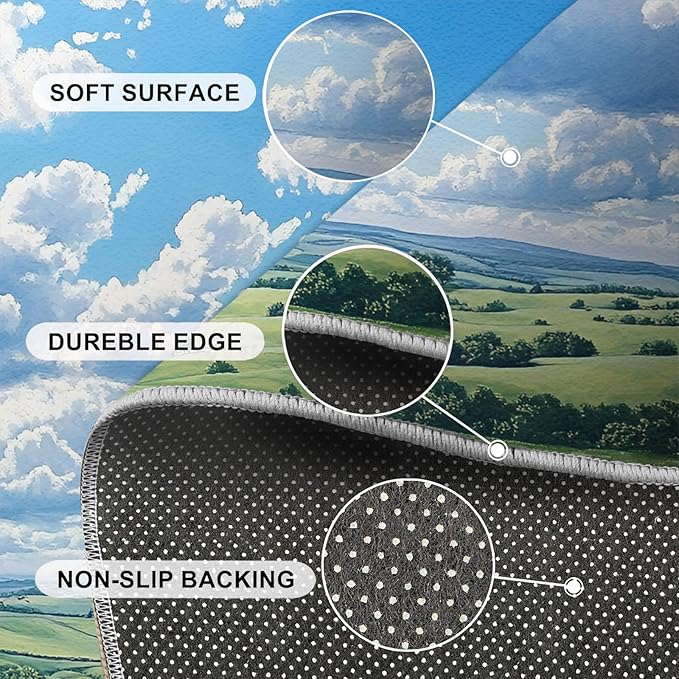 Sky and Clouds 3x5 Area Rugs for Living Room -Grassland and Pasture Washable Rug Rural Landscape Non-Slip Carpet Indoor Floor Stain Resistant Thin Carpets for Bedroom Dining Room Home Office