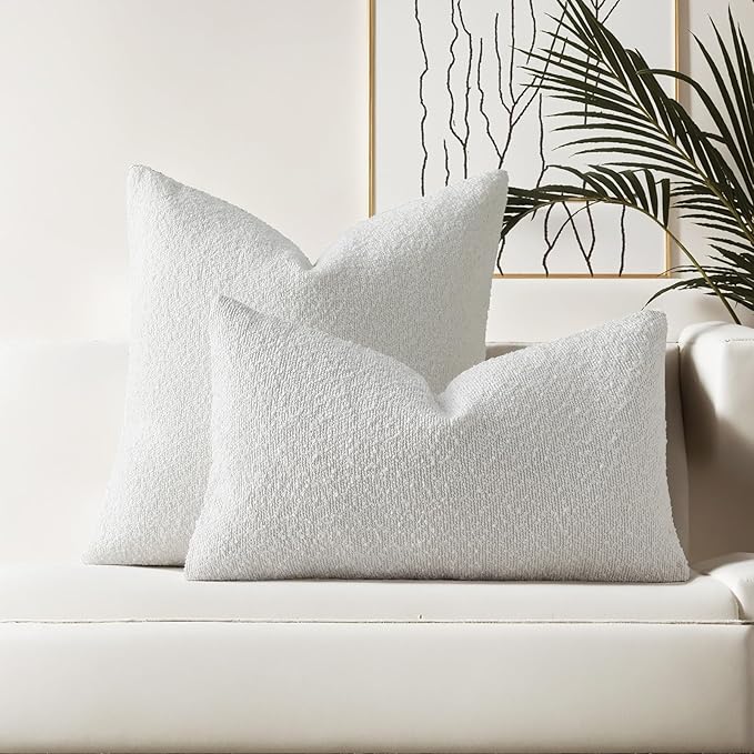 HAUSSY Christmas White Set of 2 16x16 Decorative Throw Pillow Covers, Soft Cozy Textured Boucle Couch Cases, Home Decor for Couch Bed Living Room