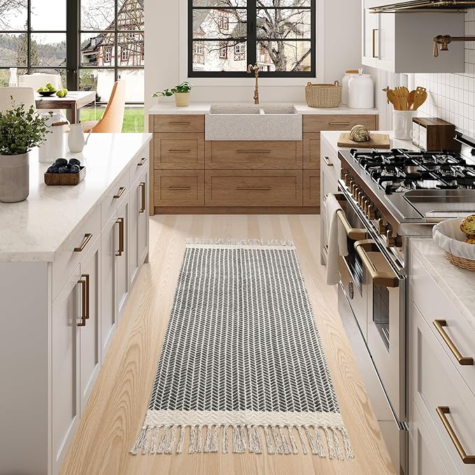 Lahome Boho Kitchen Runner, 2x4.3 Bathroom Runner Rug Lightweight Entryway Rug Woven Cotton Throw Mat with Tassels, Farmhouse Non Shedding Washable Grey Rugs Low Pile for Bedroom Doorway