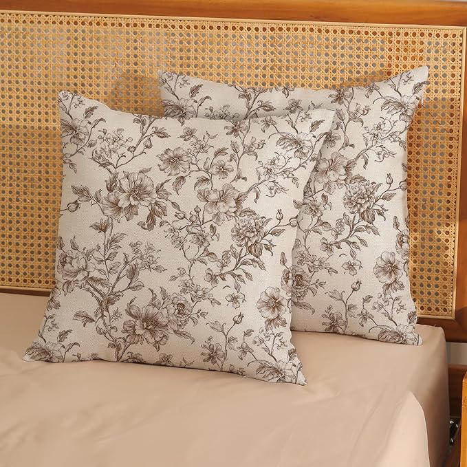 Brown Pillow Covers 20x20 Set of 2 Brown and Cream Floral Chinoiserie Throw Pillows Vintage Rustic Toile Flower Decorative Pillow Cases Outdoor Chinoiserie Decor Cushion Case for Couch Sofa