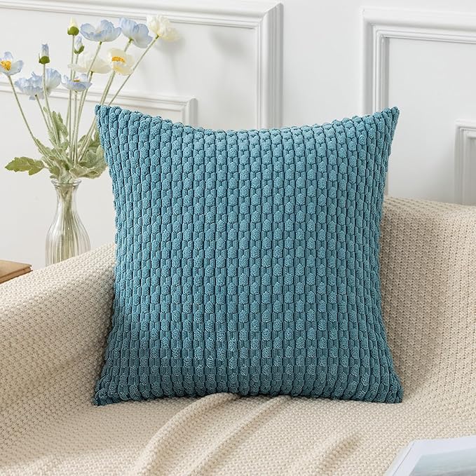 Kevin Textile Throw Pillow Covers Soft Corduroy Decorative Set of 2 Boho Striped Pillow Covers Pillowcases Farmhouse Home Decor for Couch Bed Sofa Living Room 16x16 Inch Light Blue