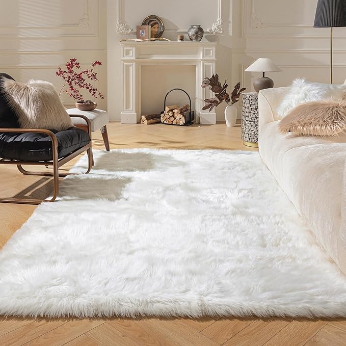 Ashler Faux Fur Rug, Fluffy Shaggy Area Rug Ultra Soft 5 x 7 Feet Rectangle Fur Rug White Fuzzy Rug Machine Washable Shag Rug, Nursery Decor Throw Rugs for Bedroom, Kids Room, Living Room