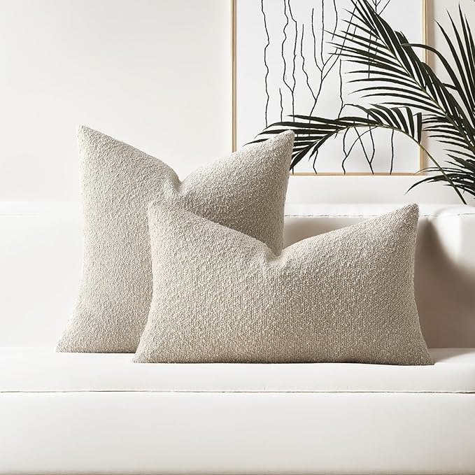 HAUSSY Set of 2 16x16 Decorative Throw Pillow Covers, Soft Cozy Textured Boucle Couch Cases, Home Decor for Couch Bed Living Room, Beige