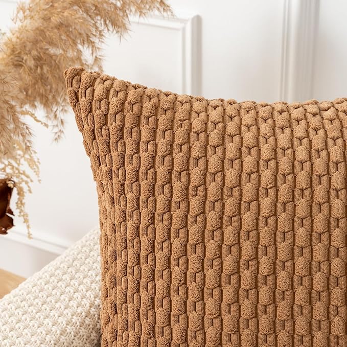 Kevin Textile Throw Pillow Covers Soft Corduroy Decorative Set of 2 Boho Striped Pillow Covers Pillowcases Farmhouse Home Decor for Couch Bed Sofa Living Room 12x20 Inch Khaki