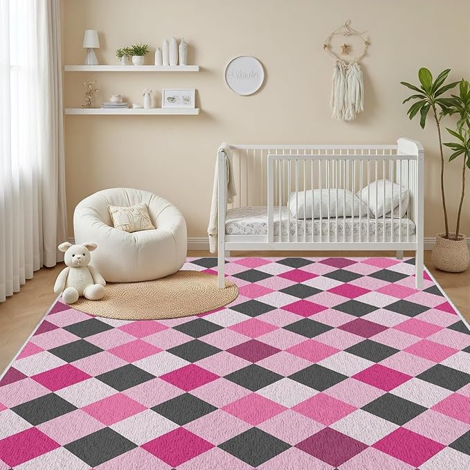 Diamond Checkered Rug 6x9, Soft Ultra Soft Faux Wool Abstract Geometric Rugs, Indoor Floor Mats Carpet, Non Slip&Non-Shedding Low Pile Washable Rugs, Modern Red Rug for Bedroom