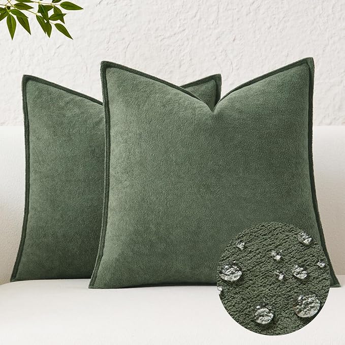 Kevin Textile Waterproof Decorative Pillow Covers Olive Green 26x26 Inch Pack of 2 Soft Boucle Textured Euro Pillowcases Elegant Accent Pillows for Couch Sofa Chair Bed Home Decor Indoor Outdoor